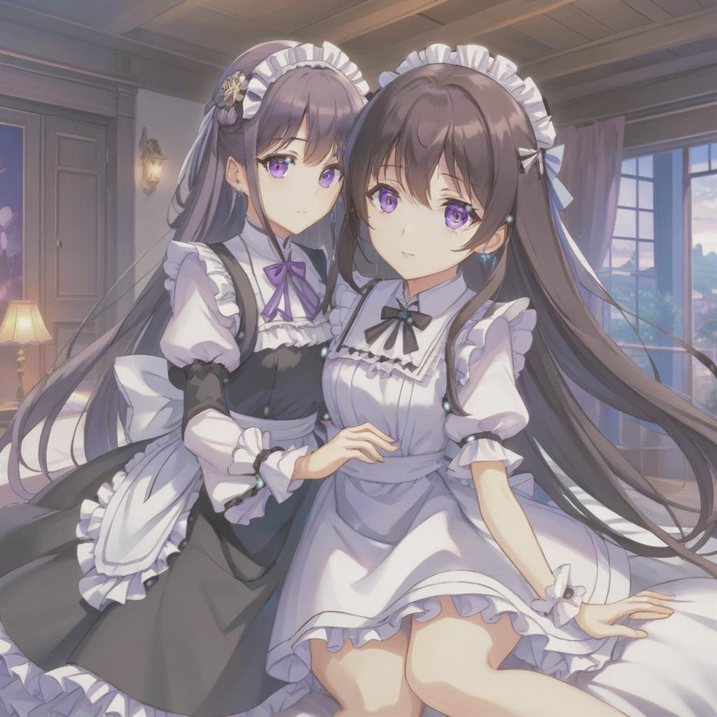  anime artwork 2, dark long hair folded into a bundle, purple eyes, maid's , small silver earrings, the bedroom . anime style, key visual, vint, studio anime, highly detailed