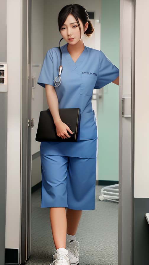  Scene of a beautiful nurse coming out of a hospital room Female