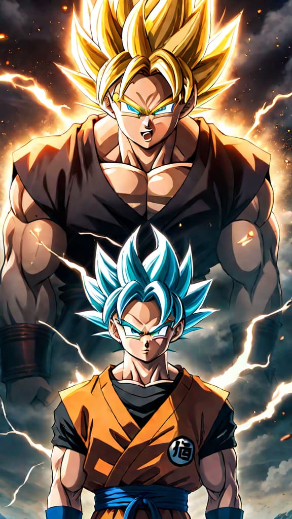  anime art: goten breaks record turning super saiyan at seven, surpassing future trunks' transformation at eight. hyperrealistic, full body, detailed clothing, highly detailed, cinematic lighting, stunningly beautiful, intricate, sharp focus, f/1. 8, 85mm, (centered image composition), (professionally color graded), ((bright soft diffused light)), volumetric fog, trending on instagram, trending on tumblr, HDR 4K, 8K