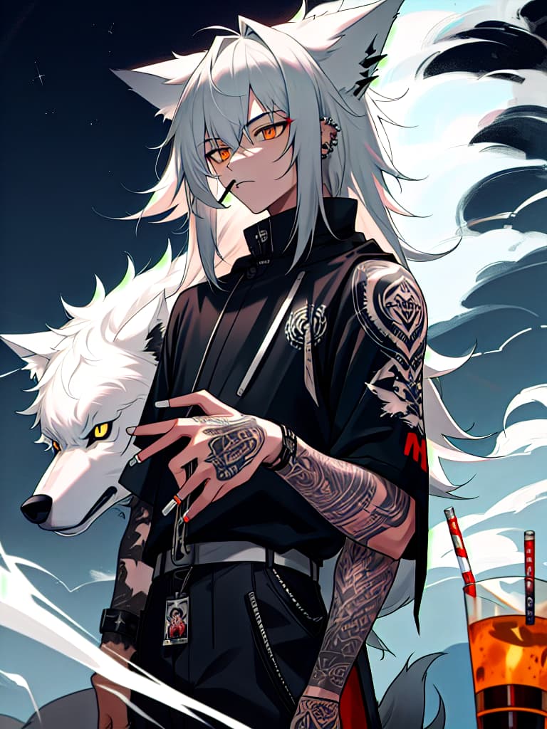  wolf hair, boy, tattoo, piercing, cigarettes, alcohol, silver hair, night sky, masterpiece, best quality,8k,ultra detailed,high resolution,an extremely delicate and beautiful,hyper detail