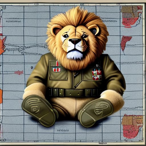  A cute lion wearing modern nato combat gear, with NATO insignia looks like a Churchill character smoking a cigar and perusing a map of Europe with is fellow allies as they decide the next battle strategy against the evil marauding enemy army marching towards the Europeans