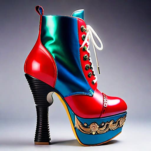  Create a photorealistic digital illustration of a women’s winter shoe with balanced parts, ornate soles, mid height platform heel, and covered in soft, luxurious textured materials. The art style should blend elements of Irregular Choice, Buffalo London, Naoko Takeuchi and Osamu Tezuka hyperrealistic, full body, detailed clothing, highly detailed, cinematic lighting, stunningly beautiful, intricate, sharp focus, f/1. 8, 85mm, (centered image composition), (professionally color graded), ((bright soft diffused light)), volumetric fog, trending on instagram, trending on tumblr, HDR 4K, 8K