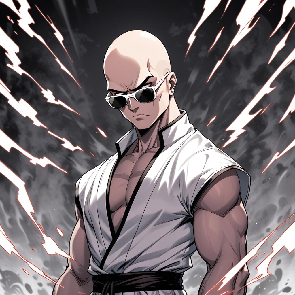  manga artwork a male young bald monk,he has johnny cage appearance,make him serious with some menacing aura around him,draw him manga style black and white during a impact frame,he wears sun glasses impact frames. manga artist. manga, highly emotional. best quality, high resolution