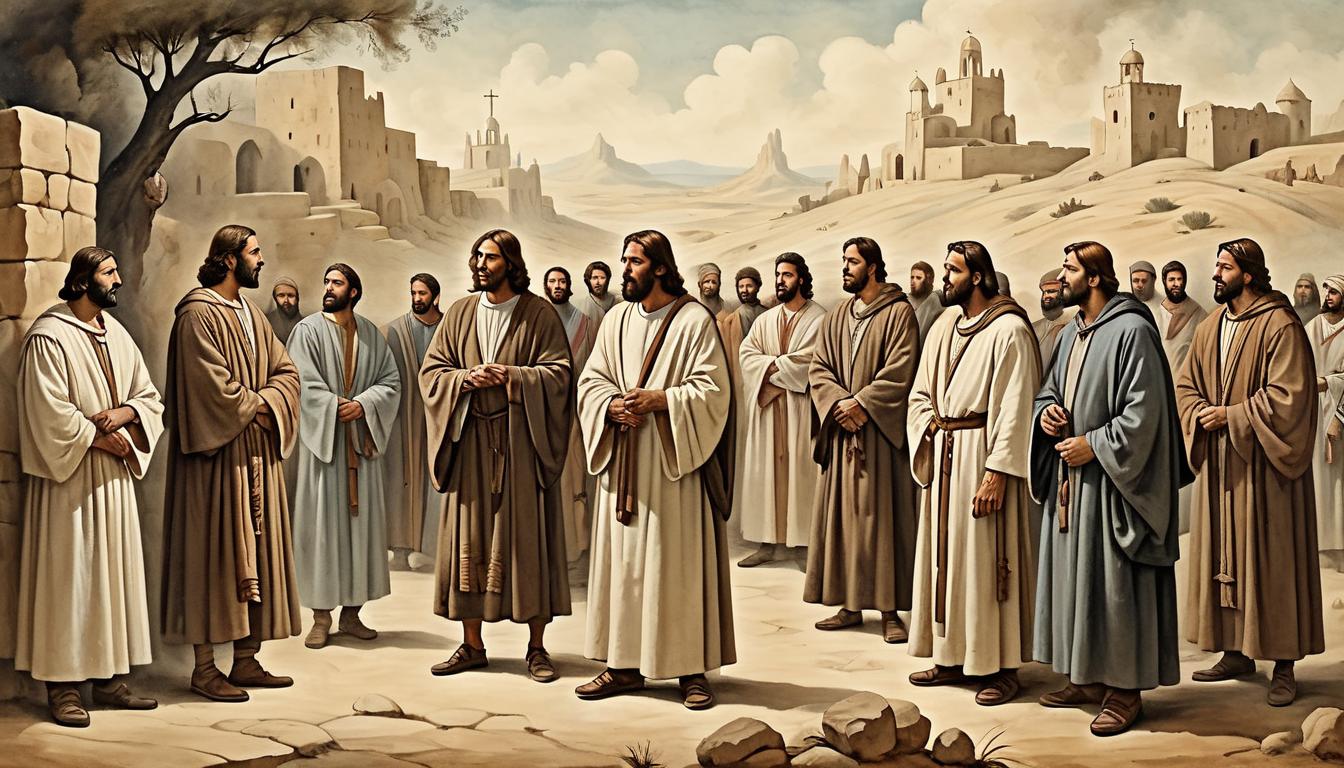  on parchment, surrealism+++, group of men in ancient robes, gathered around jesus, intent and questioning expressions, biblical landscape background, mysterious, inquisitive(mysterious, provocative, symbolic,muted color)+++