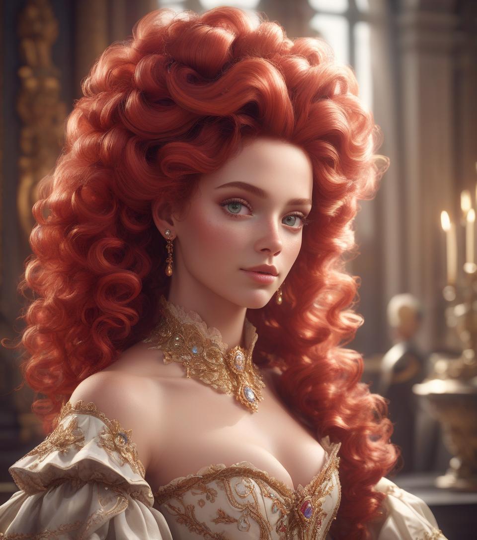  "beautiful rococo princess", elaborate gown, massive curly red rococo hair, head and shoulders portrait, finely drawn eyes, 8k resolution concept art portrait dynamic lighting hyperdetailed intricately detailed splash art trending on artstation unreal engine 5 volumetric lighting