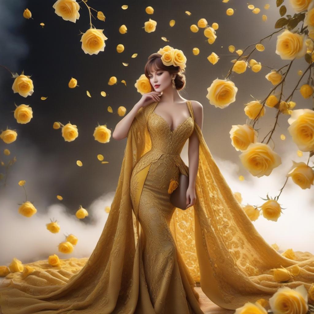  Knitted French wool, yellow roses, gold brocade background, realistic color photo hyperrealistic, full body, detailed clothing, highly detailed, cinematic lighting, stunningly beautiful, intricate, sharp focus, f/1. 8, 85mm, (centered image composition), (professionally color graded), ((bright soft diffused light)), volumetric fog, trending on instagram, trending on tumblr, HDR 4K, 8K