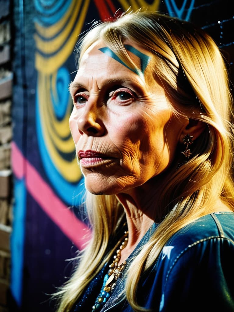  A younger Country singer Joni Mitchell, medium shot, upper body, spotlight, long exposure lighting, street art style spray paint, glamour lighting