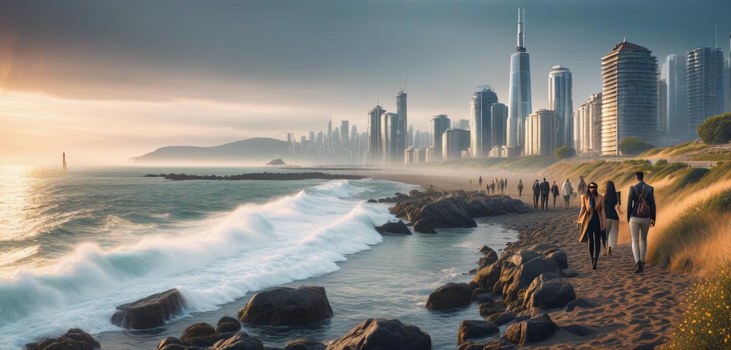  horizontal picture, people on the coast, happily walk, summer, on the horizon of the future city hyperrealistic, full body, detailed clothing, highly detailed, cinematic lighting, stunningly beautiful, intricate, sharp focus, f/1. 8, 85mm, (centered image composition), (professionally color graded), ((bright soft diffused light)), volumetric fog, trending on instagram, trending on tumblr, HDR 4K, 8K