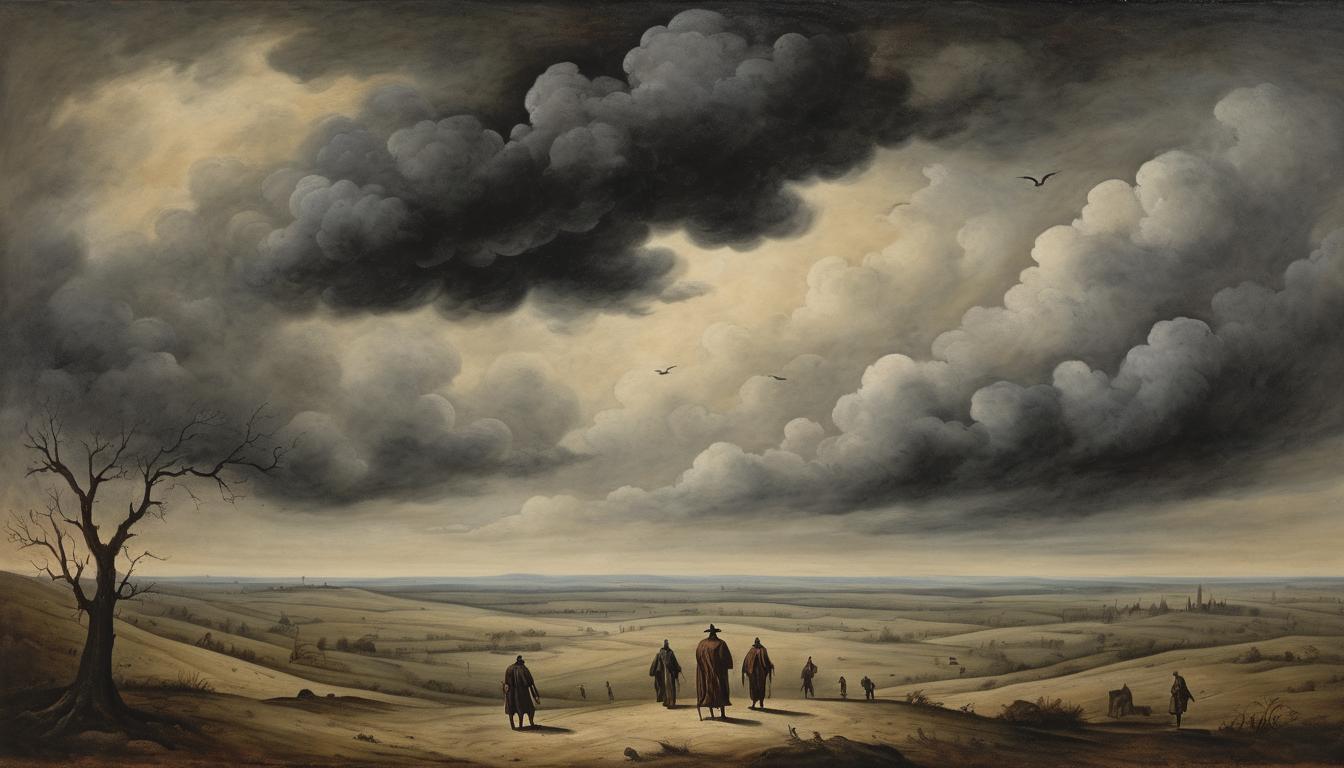  on parchment, surrealism++, dark, tumultuous clouds gathering over a landscape, figures below seeking shelter, ominous, uncertain(mysterious, provocative, symbolic)++