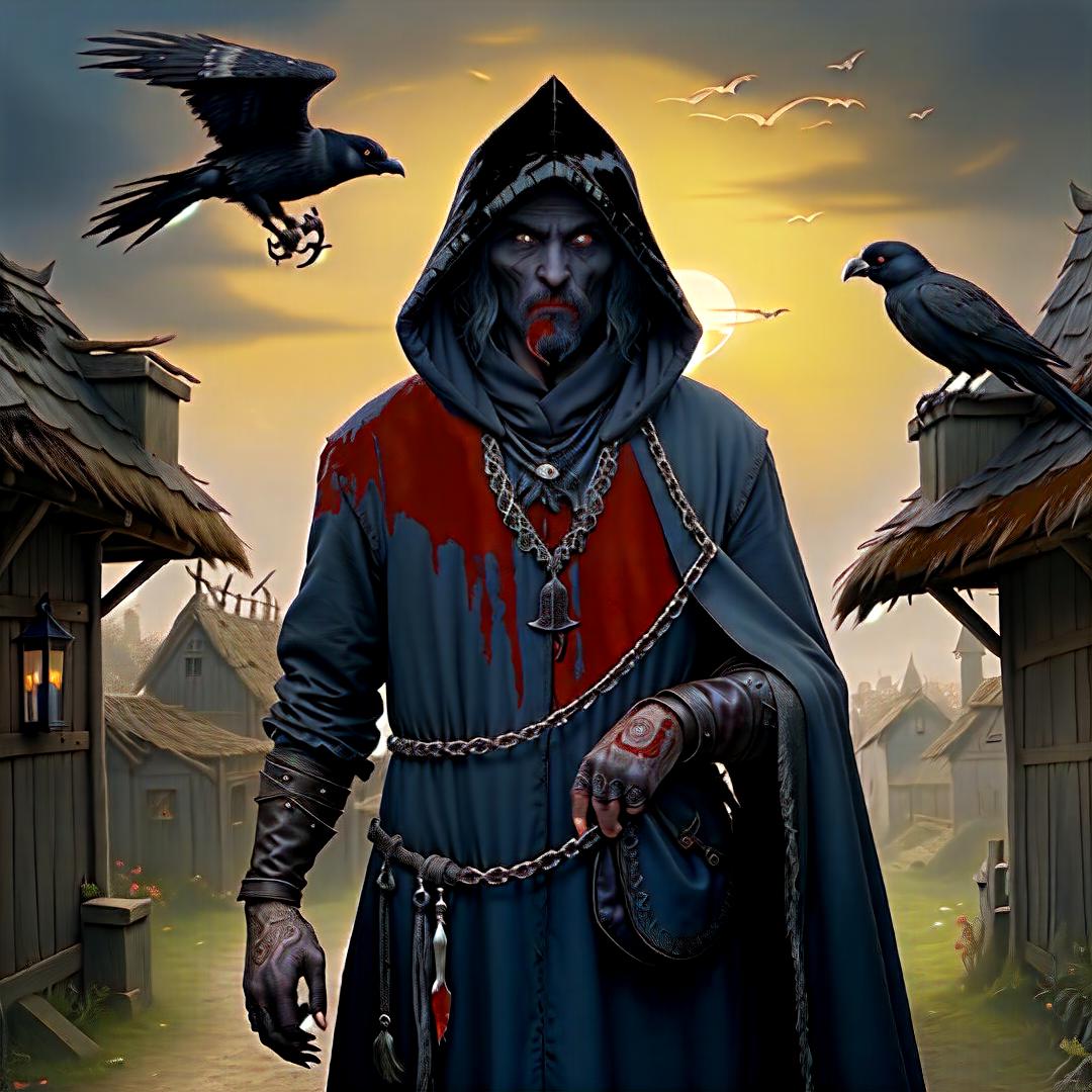  Scary man in a medieval village with jackdaws at dawn sunrise, a robe and hood with a cape blood dripping with a knife and small horific trophys hanging from his belt , Highly defined, highly detailed, sharp focus, (centered image composition), 4K, 8K