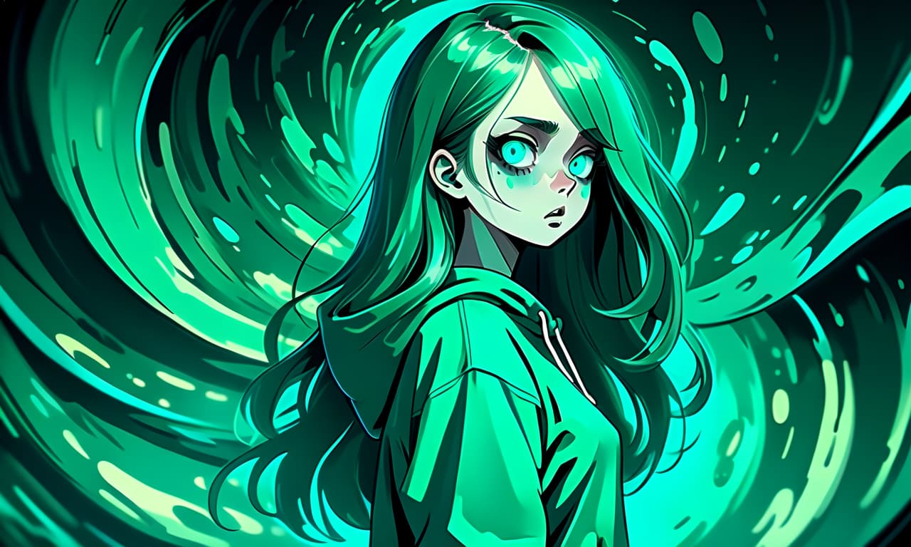  psychedelic style a girl in anime style with long hair stands in the dark dressed in a dark green sweatshirt and pants. the girl looks into the darkness with black lower eyelids under the eyes of turquoise color full of fear of the unknown and curiosity. color tones in image muted . vibrant colors, swirling patterns, abstract forms, surreal, trippy