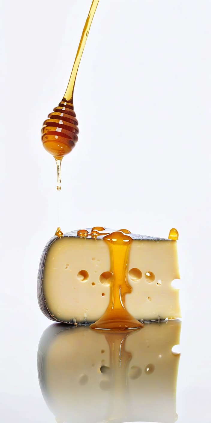  food photography style cheese watered with honey, beautiful reflection . appetizing, professional, culinary, high resolution, commercial, highly detailed, film photography style