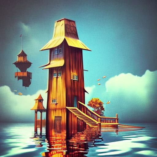  Single flooded simple fantasy wooden tower, very coherent and colorful high contrast!! masterpiece