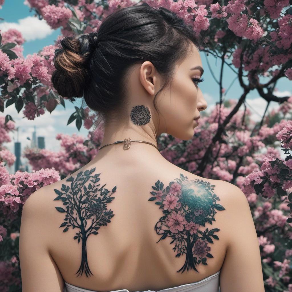  a tattoo on the back of a woman’s arm with trees and flowers , cyberpunk style