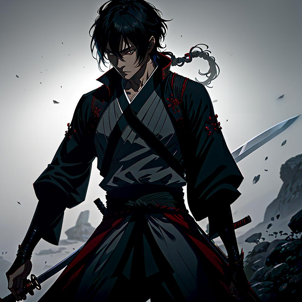  a swordsman with a haori and a sword, in the atmospheric and detailed style of koyoharu gotouge, with dark backgrounds and intense emotional expressions. hyperrealistic, full body, detailed clothing, highly detailed, cinematic lighting, stunningly beautiful, intricate, sharp focus, f/1. 8, 85mm, (centered image composition), (professionally color graded), ((bright soft diffused light)), volumetric fog, trending on instagram, trending on tumblr, HDR 4K, 8K