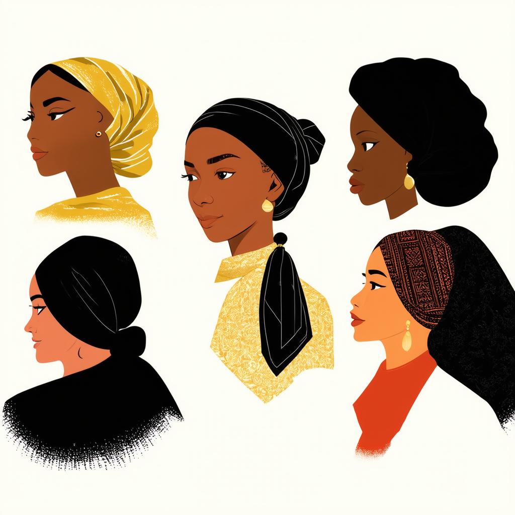  flat illustration, flaticon, (illustration:1.15), different beauty. set of different female heads in headscarf. different races and nationalities. colored hand drawn illustration, [cory loftis, strobist, pascal campion :: 0.2]