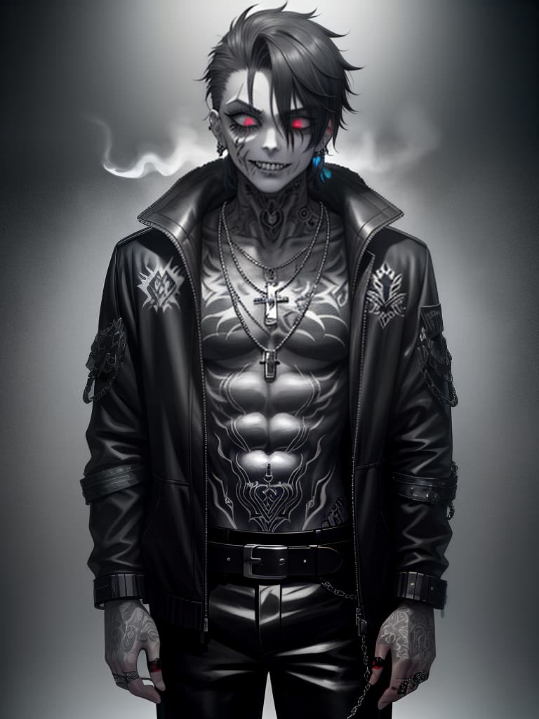  darkness, wake up, tattoo, tattoo, tattoo, cigarettes, piercings, necklaces, darkness, illness, boy, zombie makeup, dark king, fallen angel, las boss character, the laughter of the strong, the championship, masterpiece, best quality,8k,ultra detailed,high resolution,an extremely delicate and beautiful,hyper detail