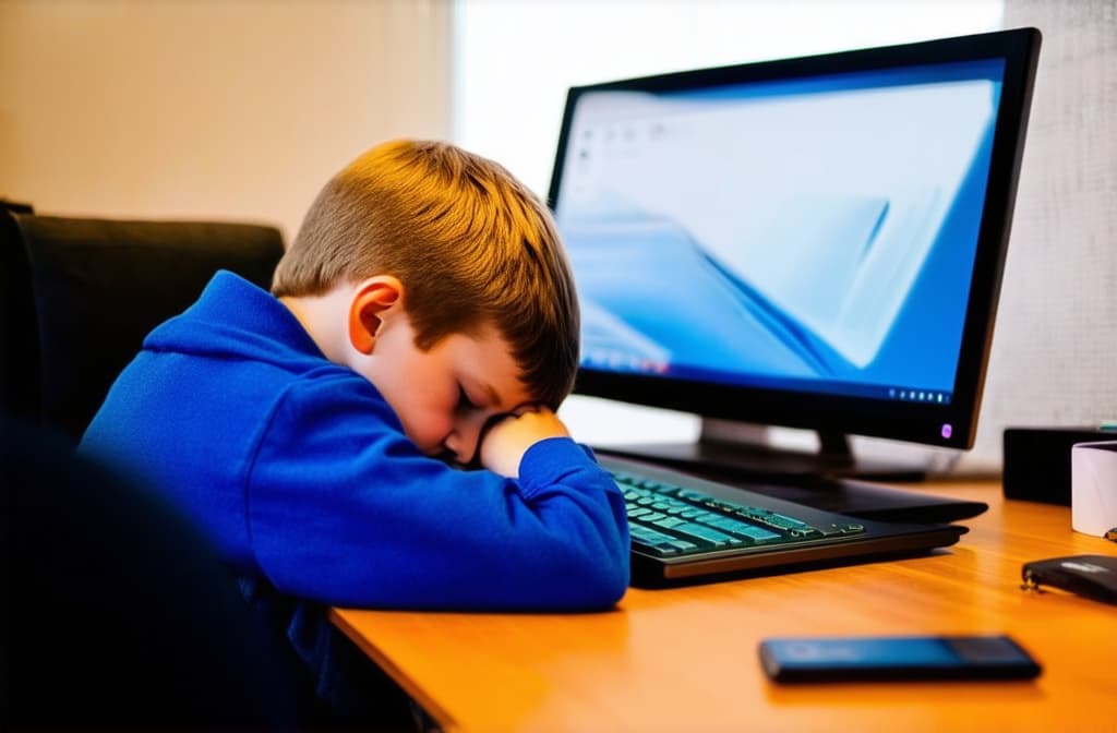  a school age child sits in front of a computer, gets tired and falls asleep with his head on the table ar 3:2 {prompt}, maximum details