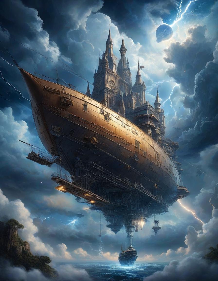  space themed a ((flying)) steampunk ship, view from below, a gothic castle is built on the deck, michael cheval style, surrealism, against the background of clouds and lightning, dramatic plot, fantasy, ultra detailed, weird geometrya flying steampunk ship, view from below, a gothic castle is built on the deck, wojtek sudmak style, surrealism, against the background of clouds and lightning, dramatic plot, fantasy, ultra detailed . cosmic, celestial, stars, galaxies, nebulas, planets, science fiction, highly detailed