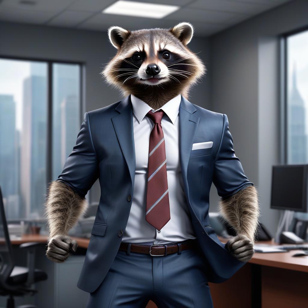  hyperrealistic art raccoon pumped up muscles in a suit in the office and glass in the background . extremely high resolution details, photographic, realism pushed to extreme, fine texture, incredibly lifelike