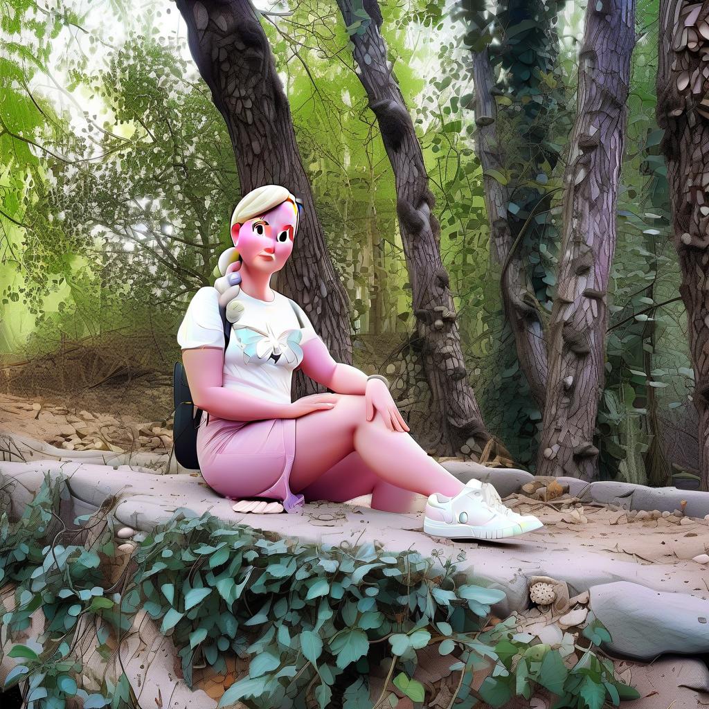  pixar style cartoons. do not change the face of the woman from the original photo. big bust. a woman has wings like a butterfly. background in the form of a fabulous, mysterious forest, the bank of the river. to the left of the woman is a white rabbit and a hedgehog.