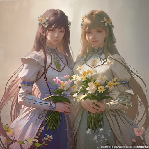  draw a card with a pencil. there must be two girls with flowers in front of a large . they smile and pose for a photo, ultra realistic, concept art, intricate details, highly detailed, photorealistic, octane render, 8k, unreal engine, sharp focus, volumetric lighting unreal engine. art by artgerm and alphonse mucha