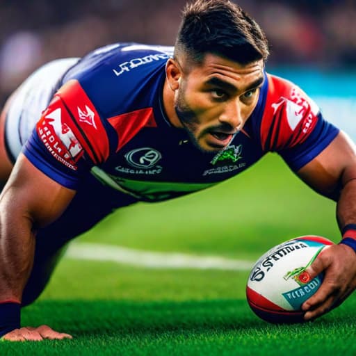  An ultra high resolution side-on view photograph of a professional Melbourne Storm rugby league player with realistic face, realistic eyes, realistic skin, best quality, with a rugby ball in his hands diving to the ground to score a try, during a rugby league match hyperrealistic, full body, detailed clothing, highly detailed, cinematic lighting, stunningly beautiful, intricate, sharp focus, f/1. 8, 85mm, (centered image composition), (professionally color graded), ((bright soft diffused light)), volumetric fog, trending on instagram, trending on tumblr, HDR 4K, 8K