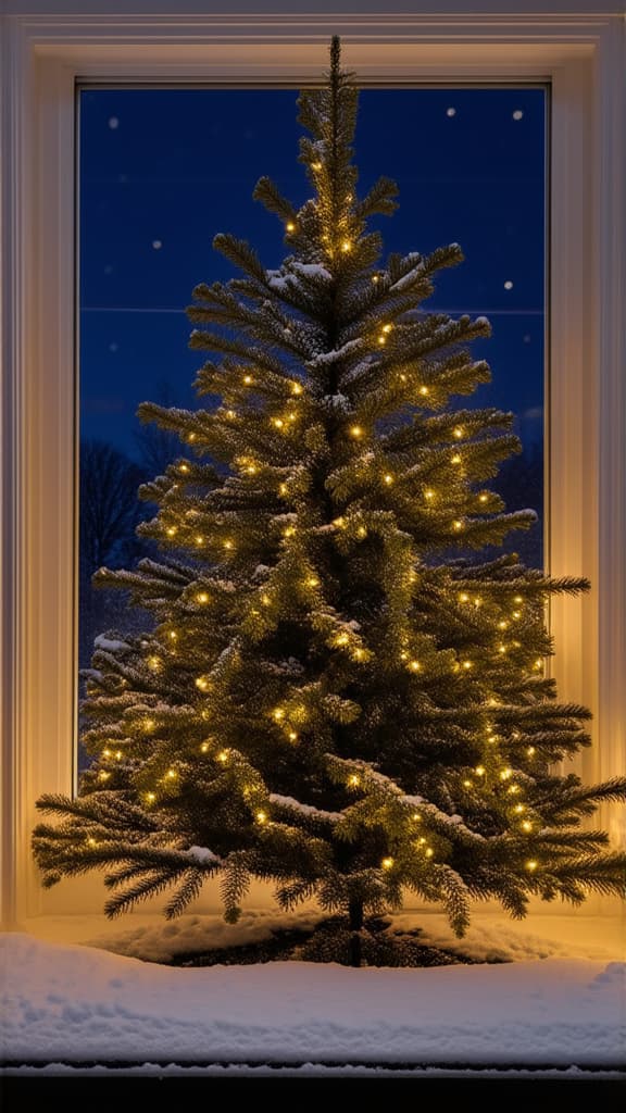  professional detailed photography, a spruce tree in the snow decorated with a garland with small lights stands outside the window in the dark ar 9:16, (muted colors, dim colors, soothing tones), (vsco:0.3)