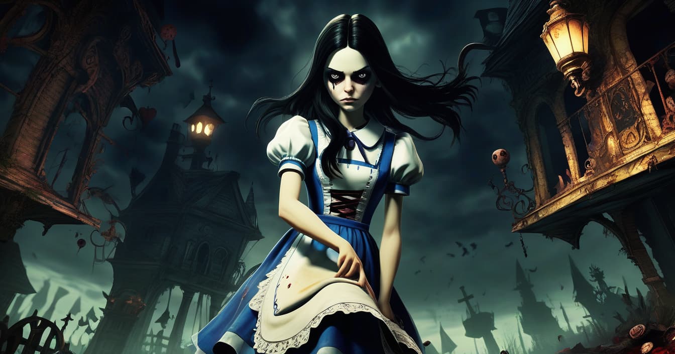  horror themed alice: madness returns . eerie, unsettling, dark, spooky, suspenseful, grim, highly detailed