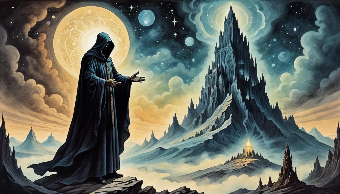  on parchment, surrealism+++, an unstoppable figure, cloaked in cosmic energy, hands glowing, standing atop a mystical mountain, shadowy figures below, symbolizing fear inducing, guided by inner truth(mysterious, provocative, symbolic,muted color)+++