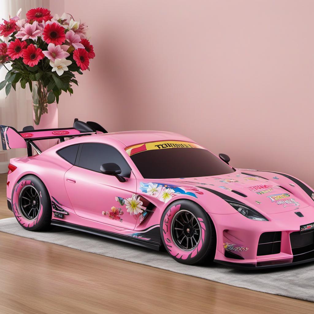  imagine a girls race car bed in the colour pink with native australian flowers for the rims and red race car patterns along the sides , profile image style