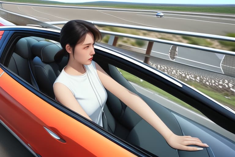  A woman driving a car at a lonely highway