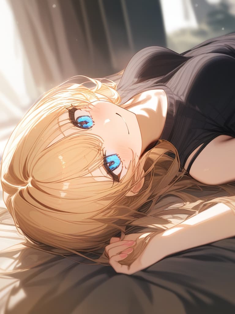  blond, girl, lying down, smiling, blue eyes, masterpiece, best quality,8k,ultra detailed,high resolution,an extremely delicate and beautiful,hyper detail