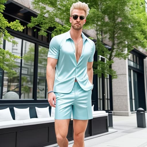  blond man wearing high cut pale blue satin shorts hyperrealistic, full body, detailed clothing, highly detailed, cinematic lighting, stunningly beautiful, intricate, sharp focus, f/1. 8, 85mm, (centered image composition), (professionally color graded), ((bright soft diffused light)), volumetric fog, trending on instagram, trending on tumblr, HDR 4K, 8K