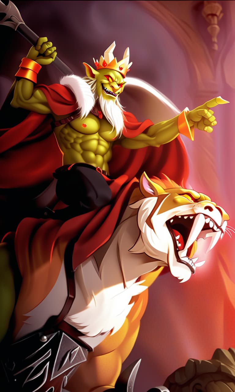  breathtaking a goblin sits on a lion, an evil lion with a grin, an evil goblin king, a crown on his head, with a small beard, red eyes, an evil grin on his face, a mantle with a furry collar, a large axe on his shoulder, a sporty physique. . award winning, professional, highly detailed, perfecteyes, hkmagic