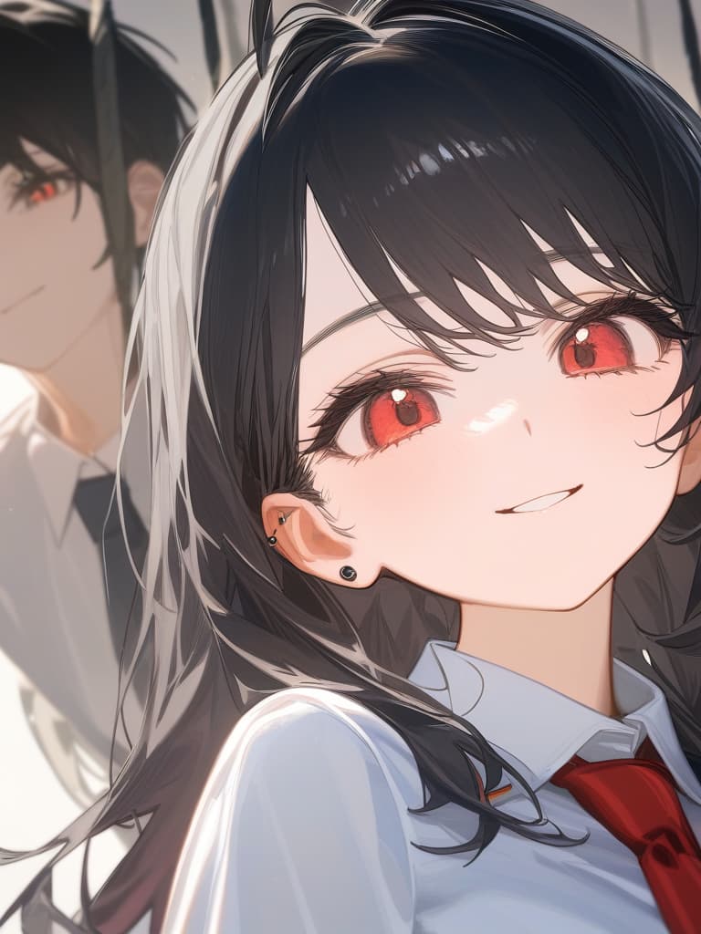  long hair, black hair, hair tips are pink, red eyes, hanging, bangs, and the length of the bangs, smiles, white shirts, red ties, uniforms, s, faces, piercings, thin makeup, hair. is a light pink and black color, masterpiece, best quality,8k,ultra detailed,high resolution,an extremely delicate and beautiful,hyper detail