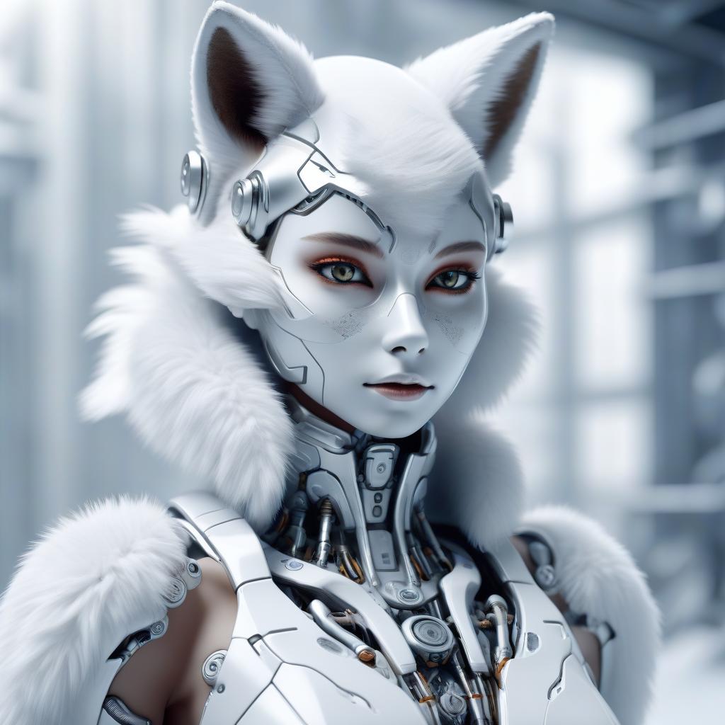  (c) ? an anthropomorphic fox girl in the form of a biomechanical android) ((whose entire body is covered with hidden mechanics under white fur)). (realistic emotional expressions) ((significant textures)), ((fantastic atmosphere)) ((emotional image)) ((contemplative mood)) ((expressive gestures)) ((stylized prose)) ((hyperrealistic textures)) ((precise details)). (((high quality 8k))). ((for 3d rendering)) ((unreal engine 5)).