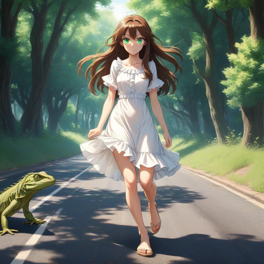  anime artwork a young , slim, brown long hair, green eyes, a white dress with ruffles to the knee, without shoes, lizards run from the legs of the , an asphalt road among the trees, glare of light, the rays of the sun through the trees, lizards . anime style, key visual, vint, studio anime, highly detailed, perfecteyes