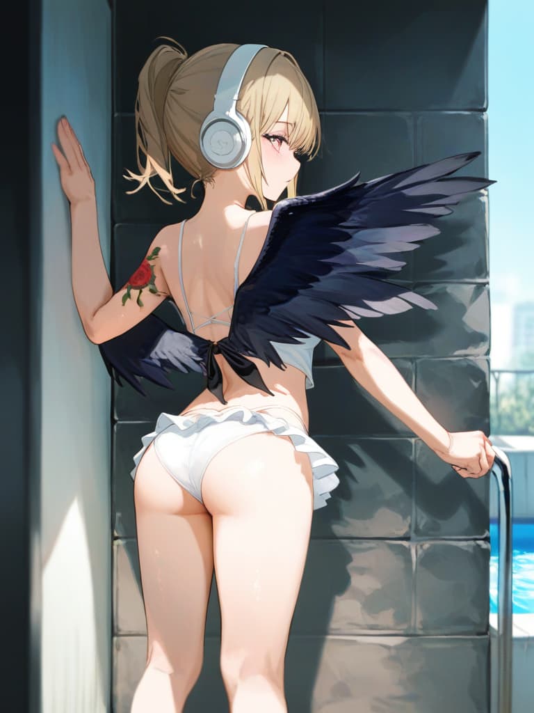  white headphones, white swimwear, poses showing their backs, poses on the wall, snake tattoo on the , white frill pareo, whole body, foot, pool, black wings on the back, standing, blond ponytail, tattack on the . , tattoo, skull tattoo on the arm, masterpiece, best quality,8k,ultra detailed,high resolution,an extremely delicate and beautiful,hyper detail