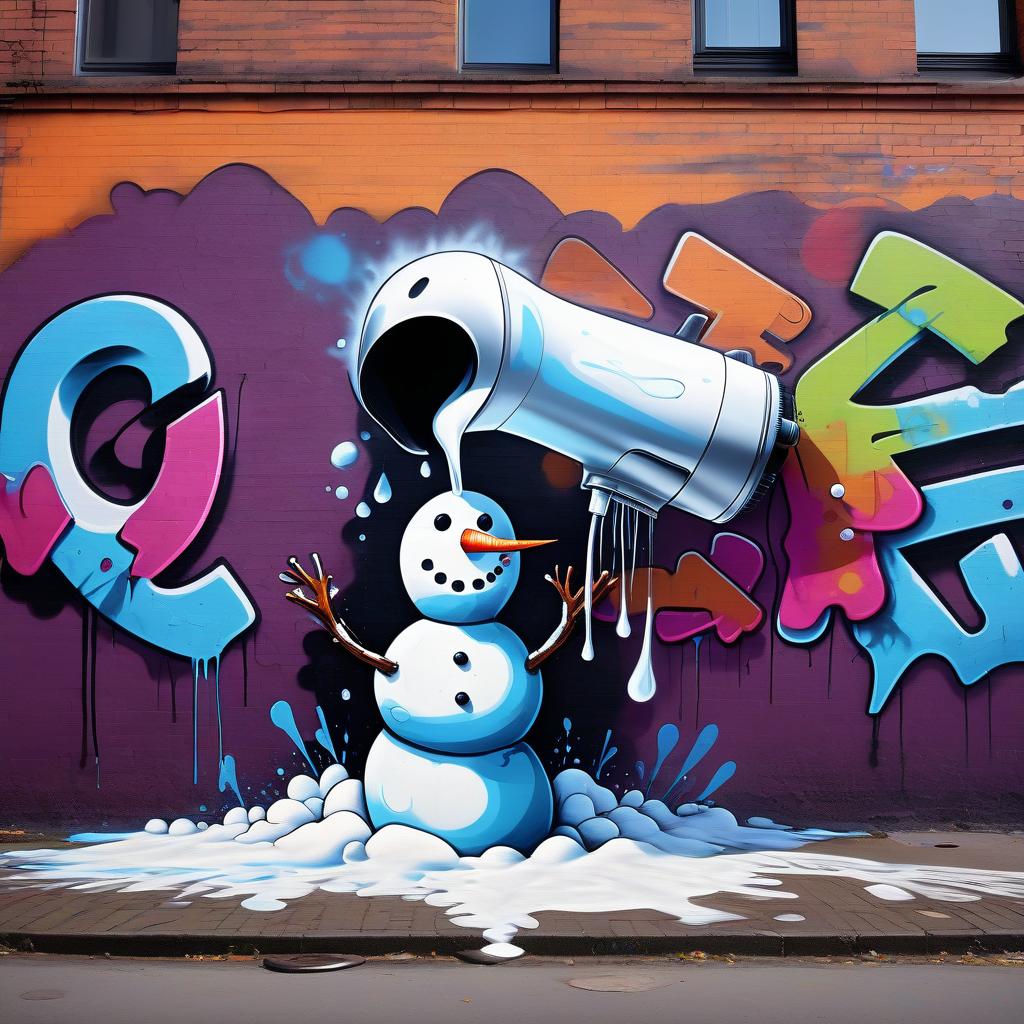  graffiti style snowman melts from the warm air from the hair dryer, under it a large puddle has flowed . street art, vibrant, urban, detailed, tag, mural