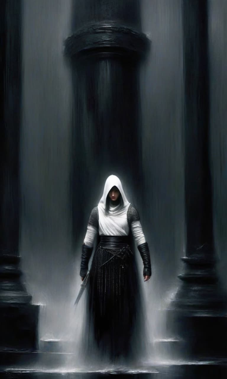  macabre style scarlett johansson in the form of a thief fighter with a sword in his hand, with white and black straight hair, in long white leather skirts and chain mail on a skirt and shoulders. full height. in a dark room with huge dark gray columns in spots. . dark, gothic, grim, haunting, highly detailed, perfecteyes, perfect hands