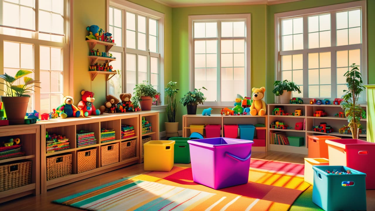  a vibrant playroom filled with colorful wooden toys, organic cotton stuffed animals, and recycled plastic games. sunlight streams through a window, illuminating potted plants and a small recycling bin brimming with eco friendly packaging. hyperrealistic, full body, detailed clothing, highly detailed, cinematic lighting, stunningly beautiful, intricate, sharp focus, f/1. 8, 85mm, (centered image composition), (professionally color graded), ((bright soft diffused light)), volumetric fog, trending on instagram, trending on tumblr, HDR 4K, 8K