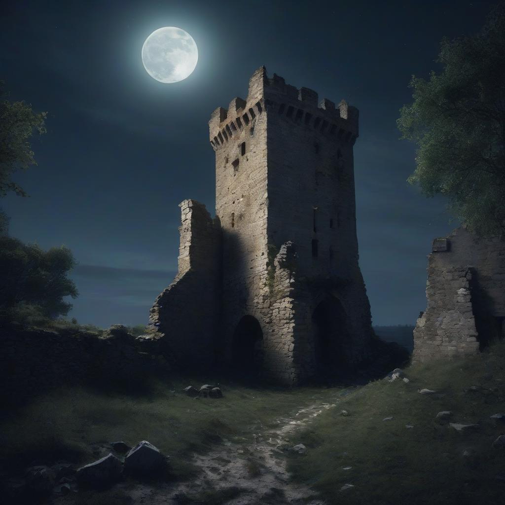  the ruins of a medieval tower in the moonlight.