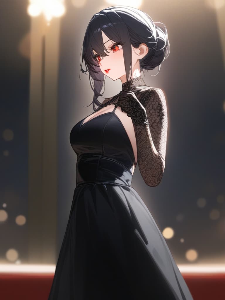  masterpiece,1girl,black hair,red eyes,long hair,slender,black dress,dress head,lace gloves,black lace,red lips,