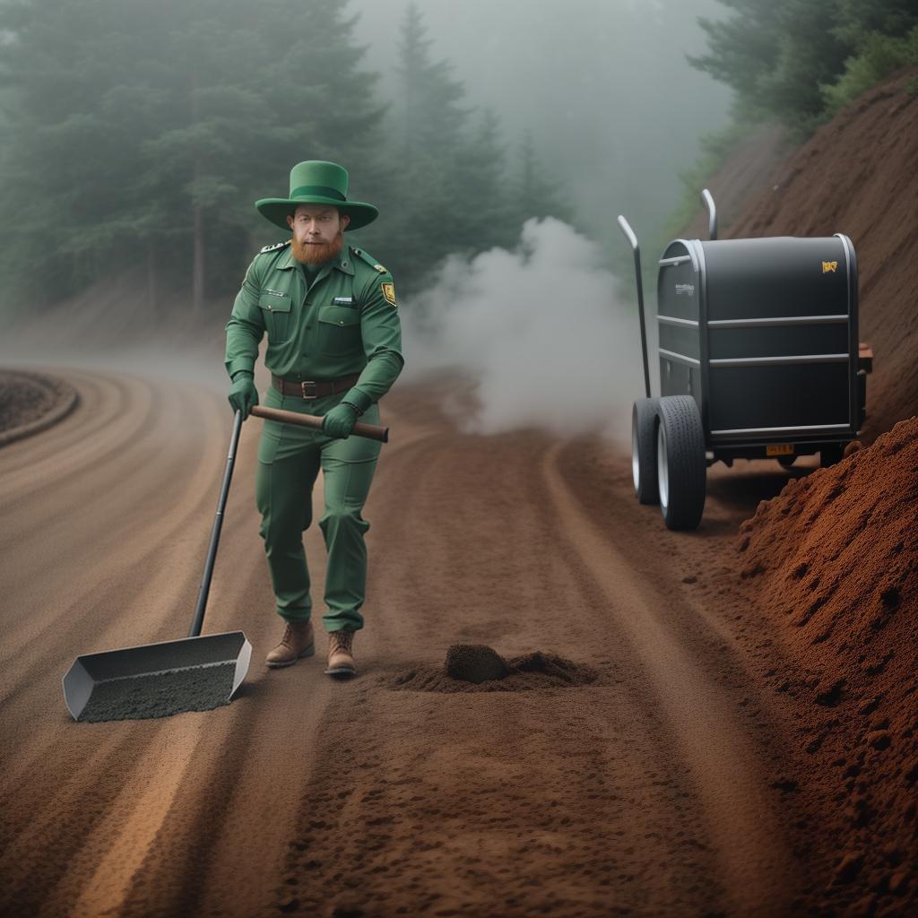  Small leprechaun shoveling hot asphalt from a trailer with a shovel hyperrealistic, full body, detailed clothing, highly detailed, cinematic lighting, stunningly beautiful, intricate, sharp focus, f/1. 8, 85mm, (centered image composition), (professionally color graded), ((bright soft diffused light)), volumetric fog, trending on instagram, trending on tumblr, HDR 4K, 8K