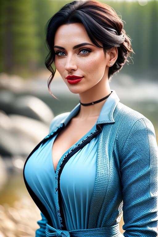  4k, ultra realistic, a photograph of a playful lady, undercut hair, black hair, light Summer dress, amazing body, light blue eyes, carmin red lips, pronounced feminine feature, busty, very deep cleavage, teeth, wyoming mountains , Waterfall, spring, bokeh, [black hair], freckles, flirting with camera, selfie hyperrealistic, full body, detailed clothing, highly detailed, cinematic lighting, stunningly beautiful, intricate, sharp focus, f/1. 8, 85mm, (centered image composition), (professionally color graded), ((bright soft diffused light)), volumetric fog, trending on instagram, trending on tumblr, HDR 4K, 8K