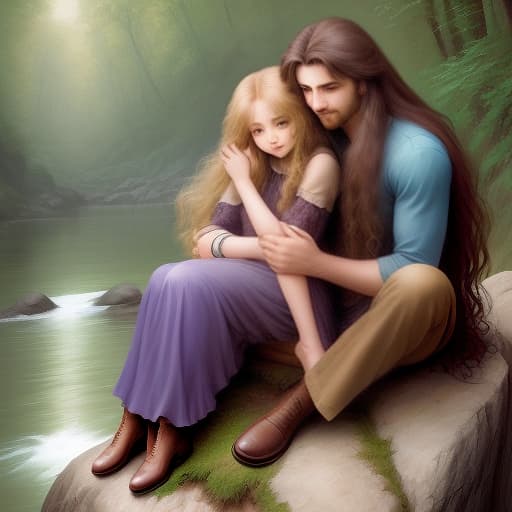  a beautiful girl hugs a long haired man sitting on a rock, happy, full length