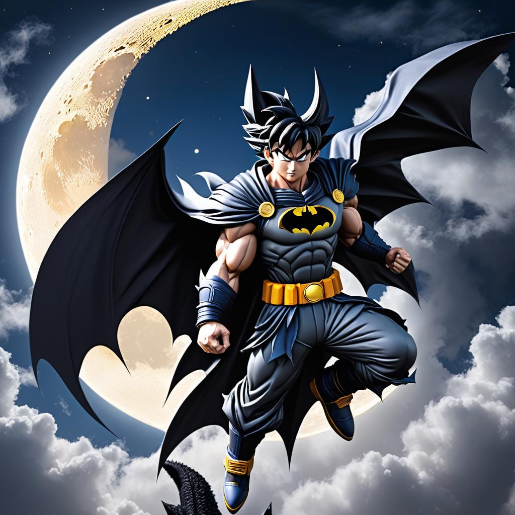  goku in a batman suit on top of a white dragon flying over the moon photo realistic, highly intricate and detailed, masterpiece, ultra high res,photography,8k resolution