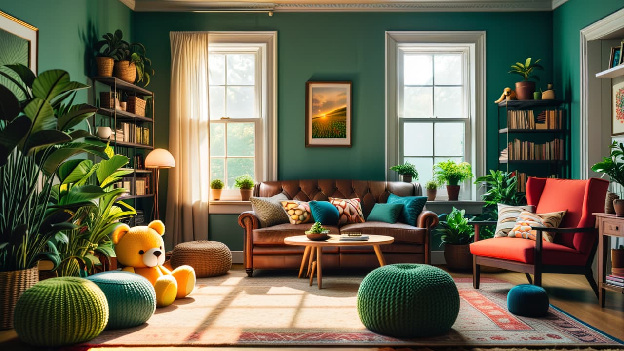  illustrate a cozy, sunlit room filled with various plush toys made from organic materials, surrounded by lush green plants, soft textures, and eco friendly labels, conveying a warm, sustainable, and inviting atmosphere. hyperrealistic, full body, detailed clothing, highly detailed, cinematic lighting, stunningly beautiful, intricate, sharp focus, f/1. 8, 85mm, (centered image composition), (professionally color graded), ((bright soft diffused light)), volumetric fog, trending on instagram, trending on tumblr, HDR 4K, 8K