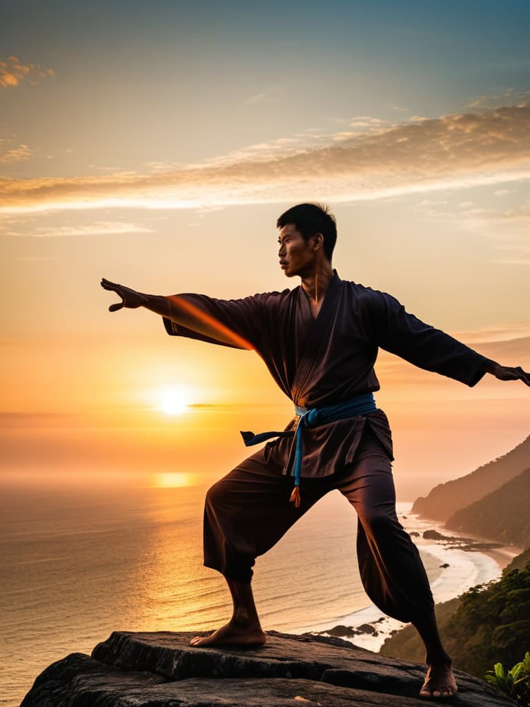  Close up of the silhouette of a man doing Thai Chi on a cliff overlooking the ocean with a sunrise in the background. RAW, realistic